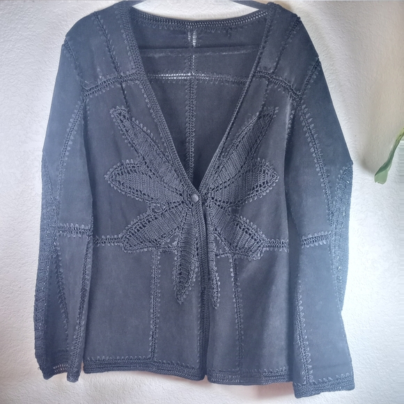 Black Suede Stitched Crochet Knit Butterfly Bohemian Bell Sleeve Hippie Jacket M - Picture 4 of 13